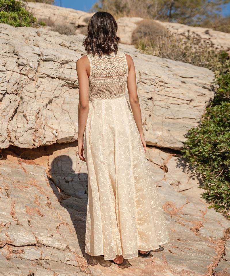 Beige Organza  Printed Maxi Dress