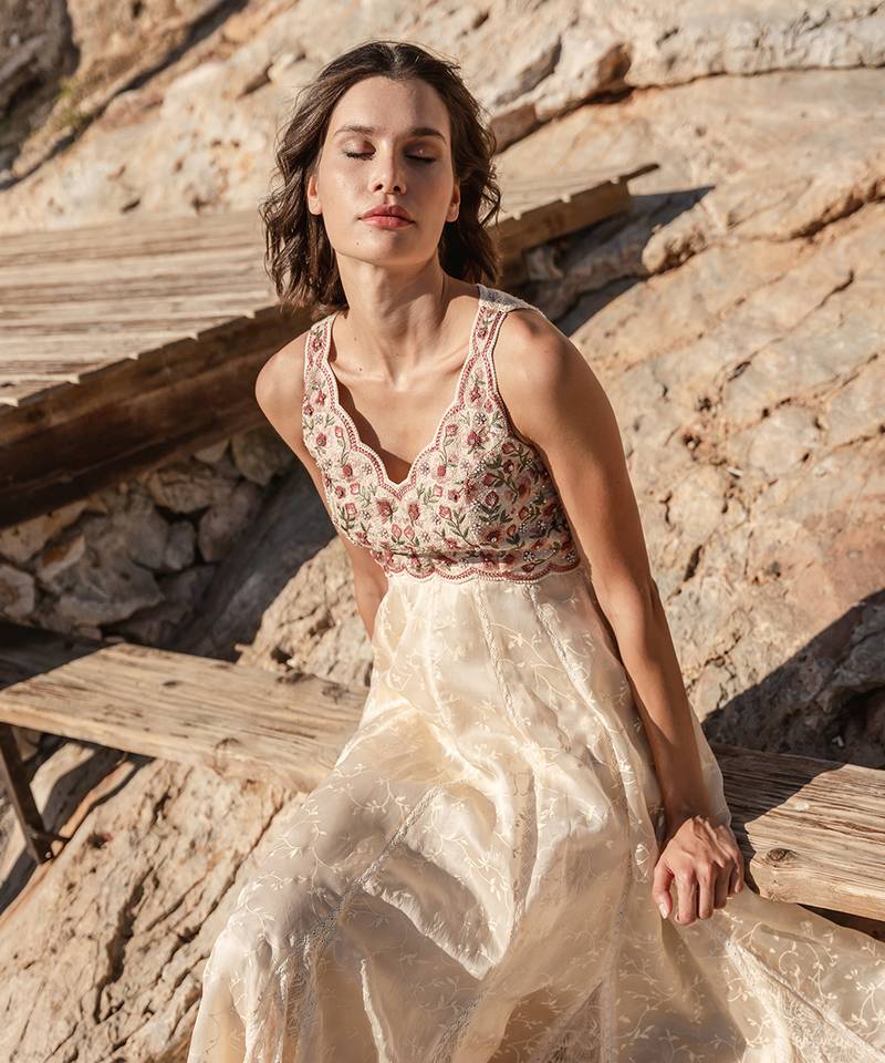 Beige Organza  Printed Maxi Dress