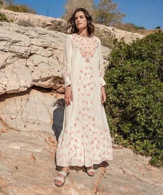 Beige Crepe Printed And Cracker Embroidered Kaftan 1
