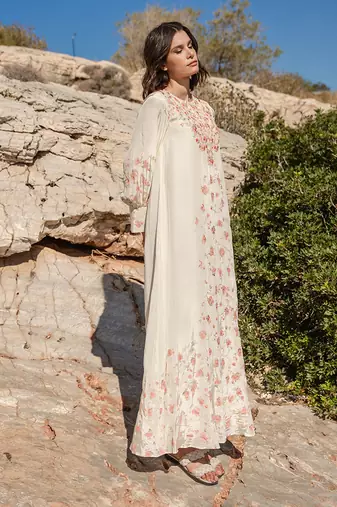 Beige Crepe Printed And Cracker Embroidered Kaftan