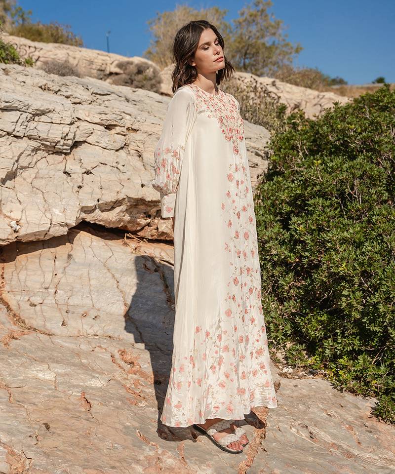 Beige Crepe Printed And Cracker Embroidered Kaftan