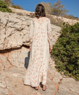 Beige Crepe Printed And Cracker Embroidered Kaftan 3