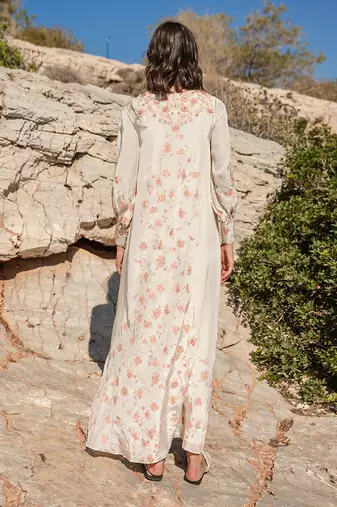 Beige Crepe Printed And Cracker Embroidered Kaftan