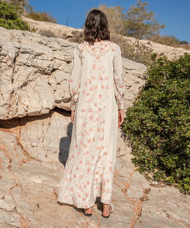 Beige Crepe Printed And Cracker Embroidered Kaftan