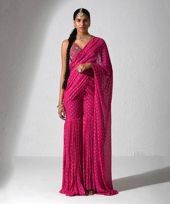 Hot Pink Teaser Flair Pant Saree Set 1