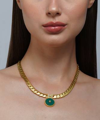 Zariin Gold Dipped Modern Begum Green Onyx Link Pendant Necklace 1