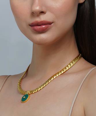 Zariin Gold Dipped Modern Begum Green Onyx Link Pendant Necklace 2