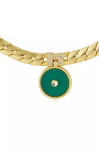 Zariin Gold Dipped Modern Begum Green Onyx Link Pendant Necklace