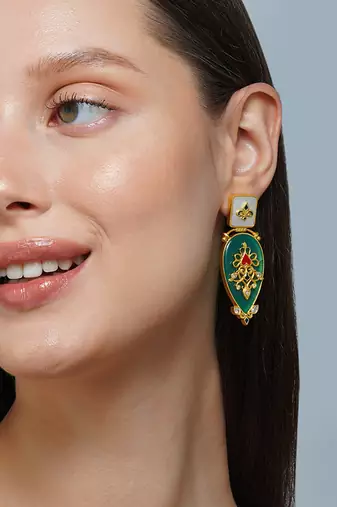 Zariin Gold Dipped Gradnma's Treasure Green Onyx Statement Earrings