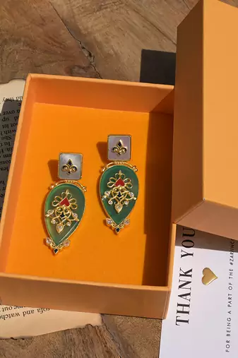 Zariin Gold Dipped Gradnma's Treasure Green Onyx Statement Earrings