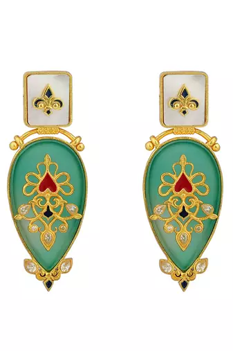 Zariin Gold Dipped Gradnma's Treasure Green Onyx Statement Earrings