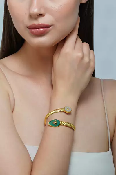 Zariin Gold Dipped Old Meets New Green Onyx Cuff Bracelet