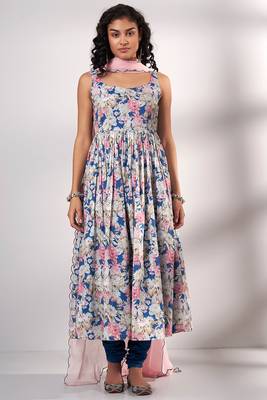 Blue Premium Cotton Printed Kurta With Light Rose Pink Organza Dupatta 1