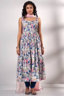 Blue Premium Cotton Printed Kurta With Light Rose Pink Organza Dupatta