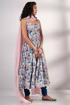 Blue Premium Cotton Printed Kurta With Light Rose Pink Organza Dupatta