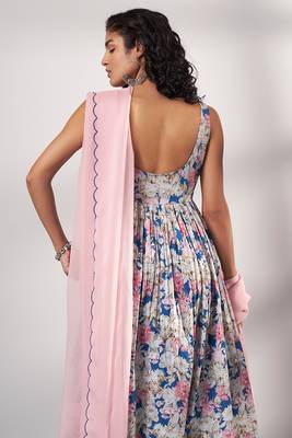 Blue Premium Cotton Printed Kurta With Light Rose Pink Organza Dupatta 3