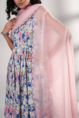 Blue Premium Cotton Printed Kurta With Light Rose Pink Organza Dupatta 4