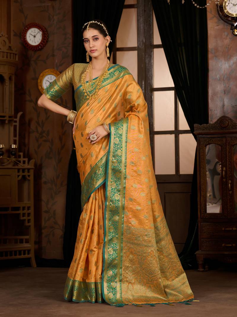 Orange woven art silk saree with blouse