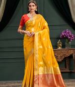 Mustard woven organza saree with blouse