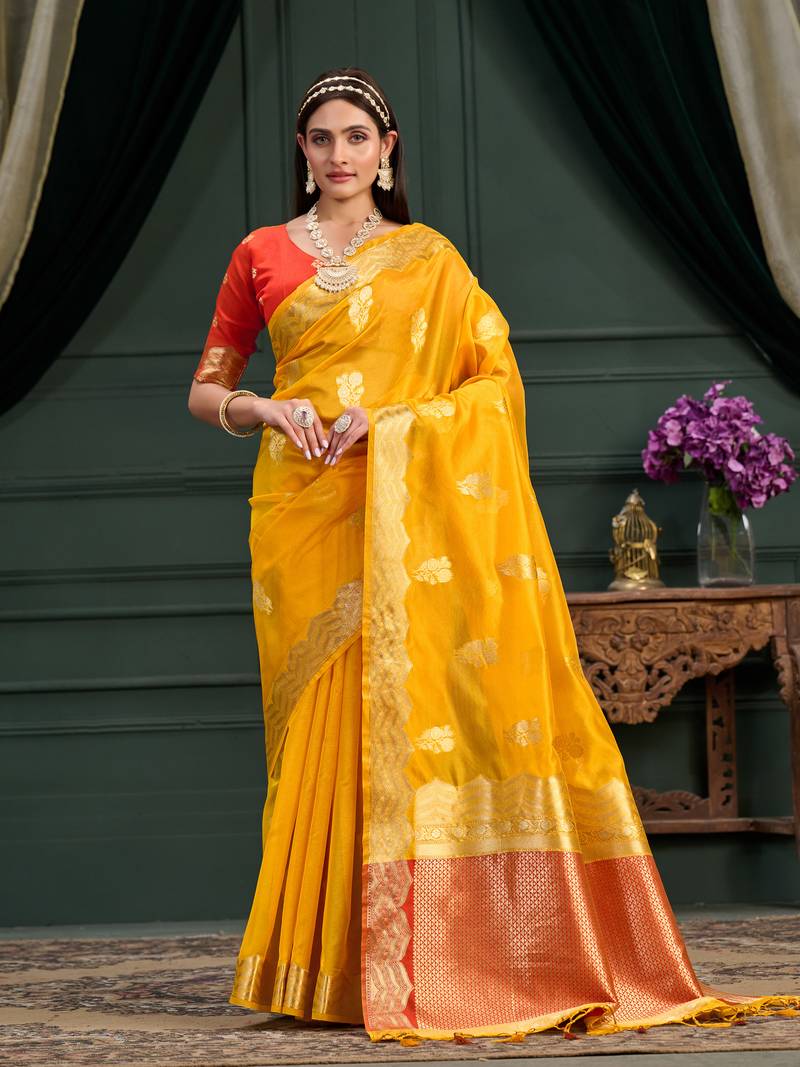 Mustard woven organza saree with blouse