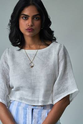 White Linen Top With Linen Striped Trousers 4
