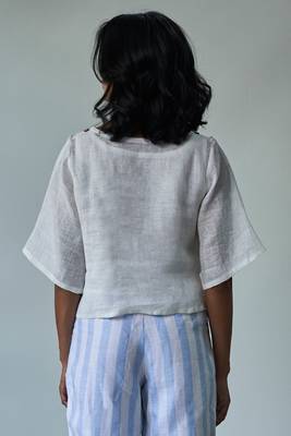 White Linen Top With Linen Striped Trousers 5