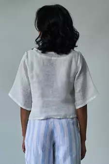 White Linen Top With Linen Striped Trousers