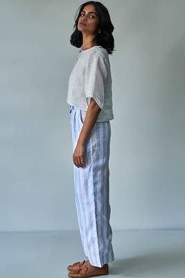 White Linen Top With Linen Striped Trousers 6