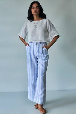 White Linen Top With Linen Striped Trousers 1