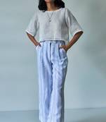 White Linen Top With Linen Striped Trousers