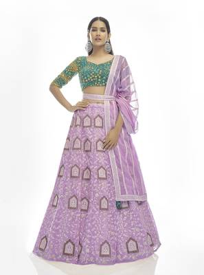 Lilac embroidered georgette semi stitched lehenga 1