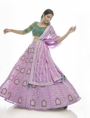Lilac embroidered georgette semi stitched lehenga 2