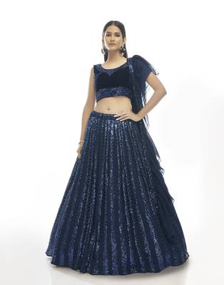 Navy-blue embroidered velvet semi stitched lehenga 1
