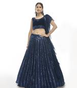 Navy-blue embroidered velvet semi stitched lehenga