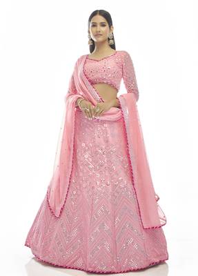 Baby-pink embroidered georgette semi stitched lehenga 1