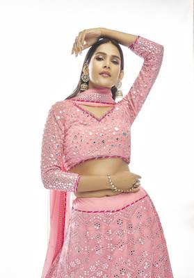 Baby-pink embroidered georgette semi stitched lehenga 3