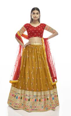 Mustard embroidered georgette semi stitched lehenga 1