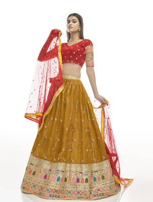 Mustard embroidered georgette semi stitched lehenga 2
