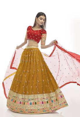Mustard embroidered georgette semi stitched lehenga 3