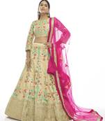 Cream embroidered art silk semi stitched lehenga