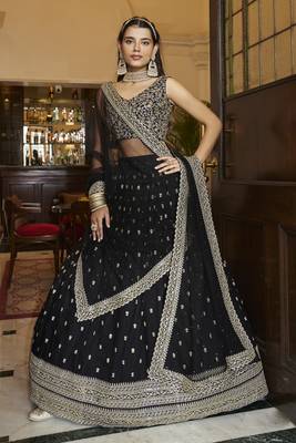 Black embroidered net semi stitched lehenga 1