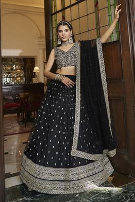 Black embroidered net semi stitched lehenga 2