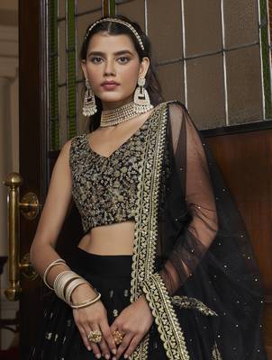 Black embroidered net semi stitched lehenga 3
