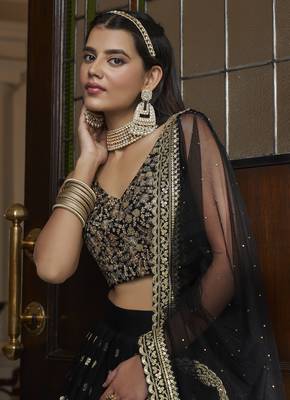 Black embroidered net semi stitched lehenga 4