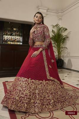 Red embroidered georgette semi stitched lehenga 2