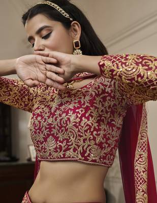 Red embroidered georgette semi stitched lehenga 4