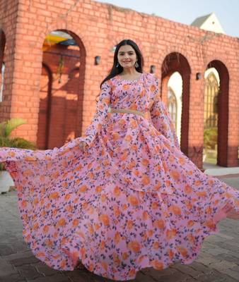 light pink Faux Georgette With Rich Flower Digital Print work gown 1