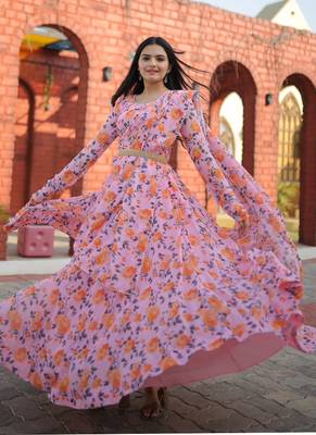 light pink Faux Georgette With Rich Flower Digital Print work gown 3