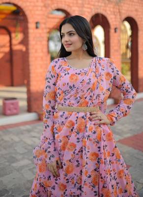 light pink Faux Georgette With Rich Flower Digital Print work gown 4