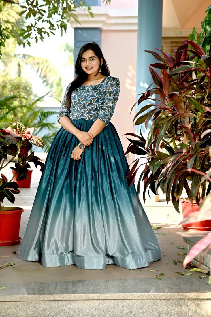Aqua Green Padding Chinon with Rich position Print work Gown